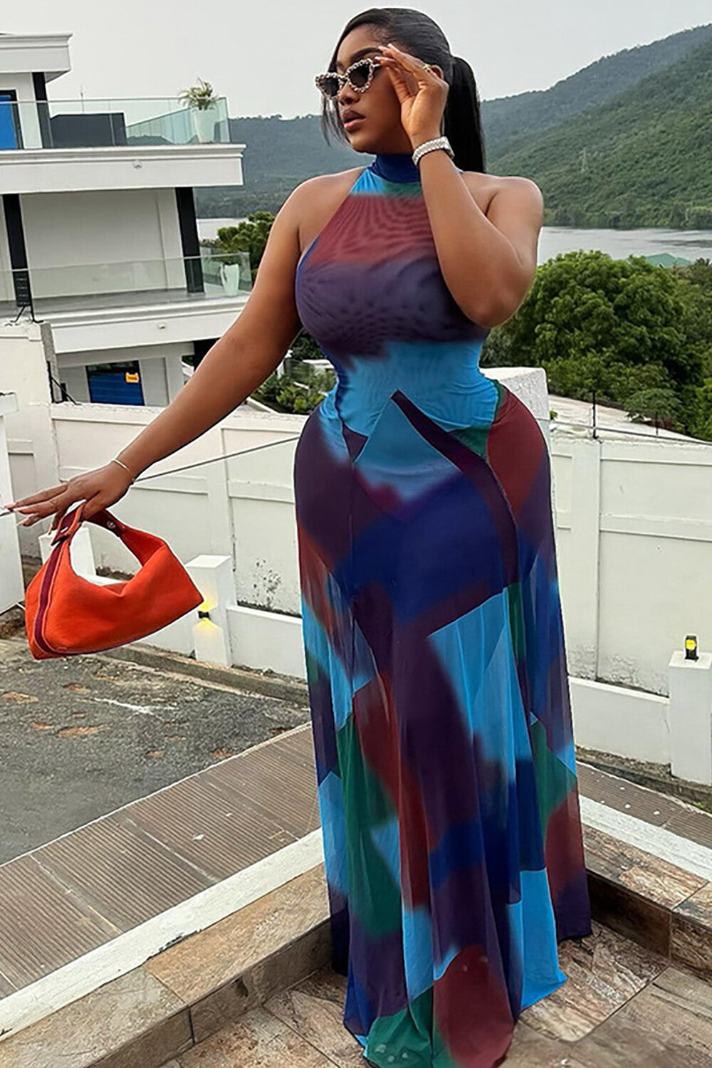 Dyeing Print Sleeveless High Neck Cinch Waist Maxi Dresses-Blue