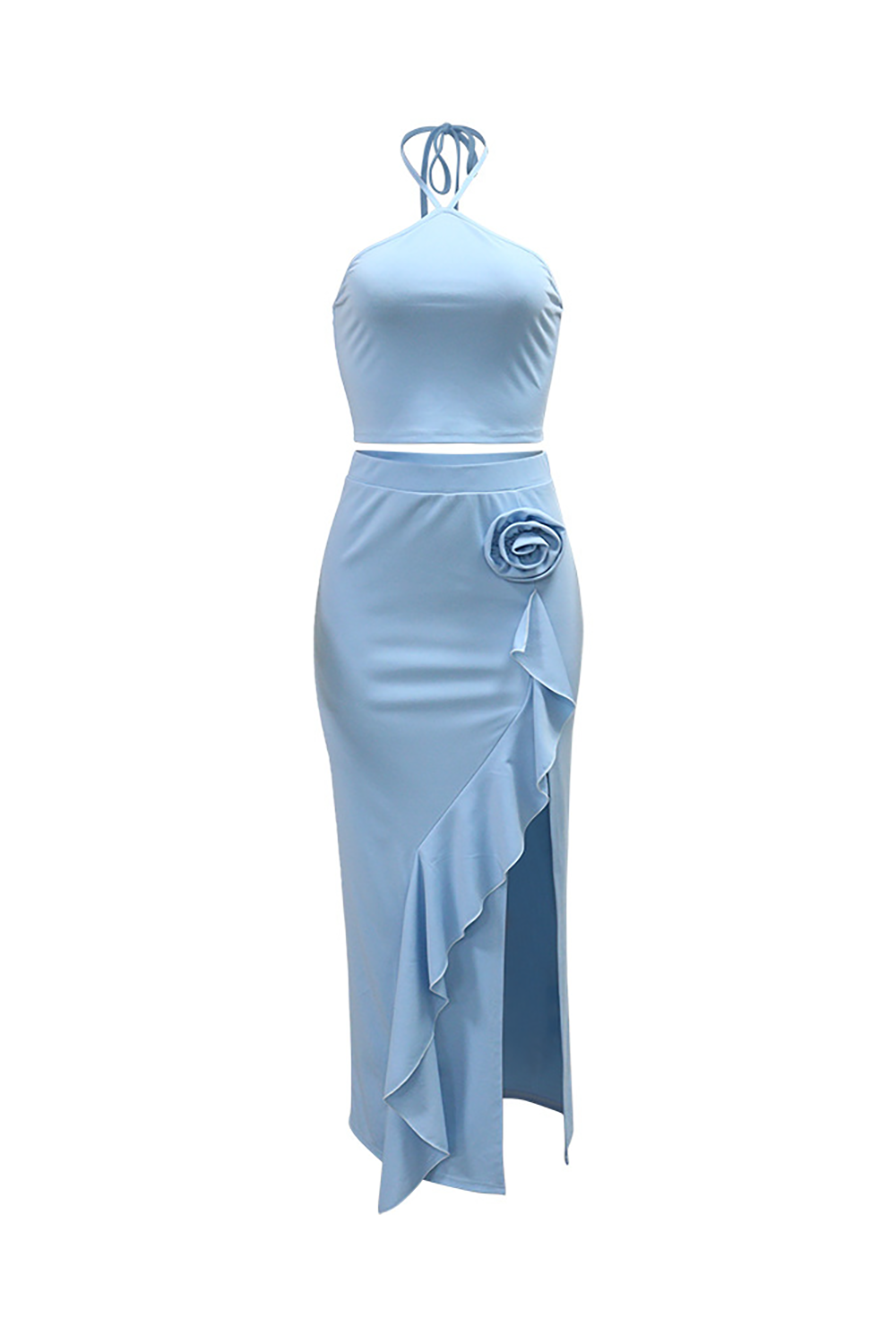 Solid Color Halter Crop Top 3D Flower Ruffled Slit Bodycon Maxi Skirt Set-Blue