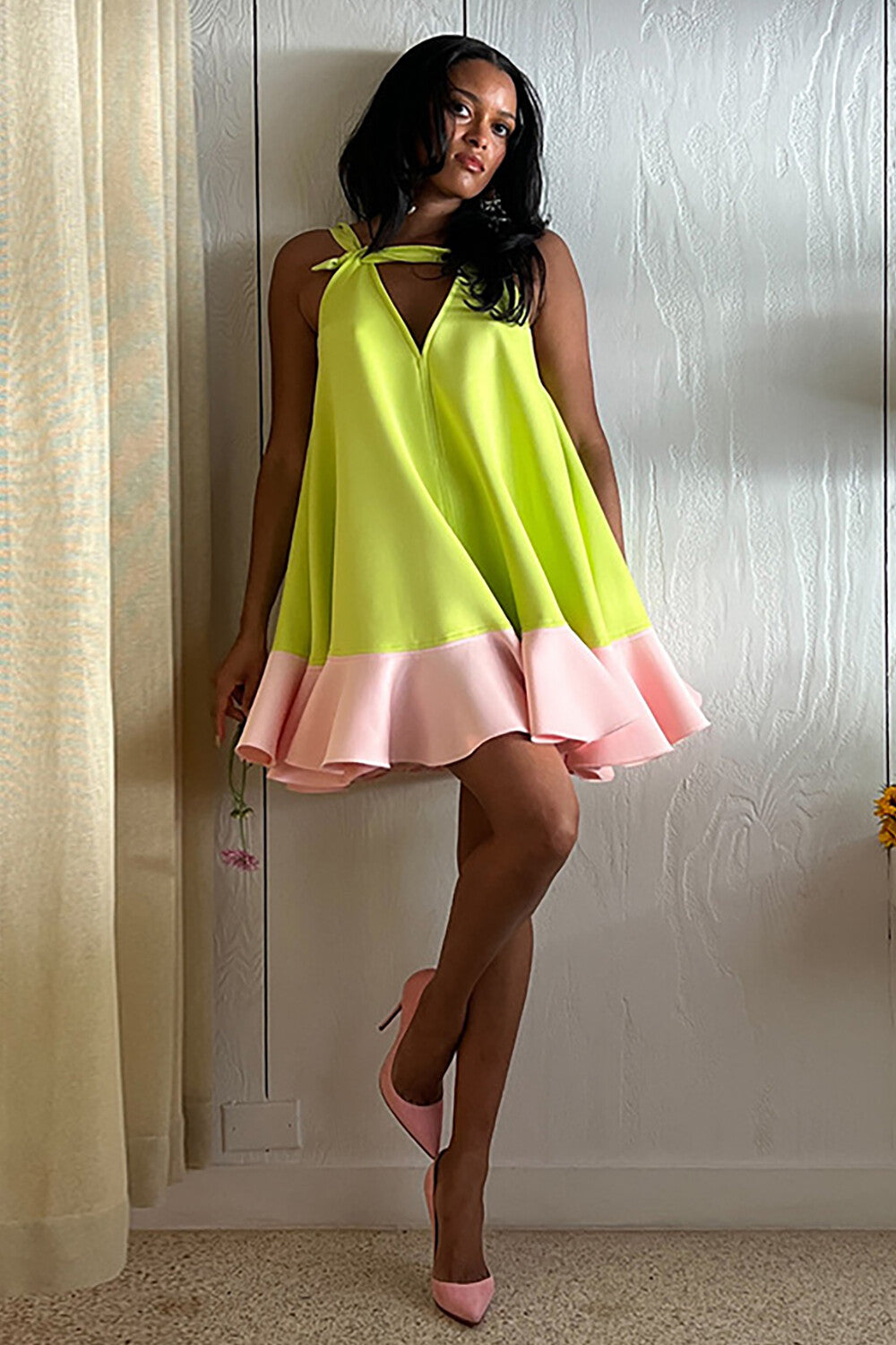 Colorblock Loose Fit Ruffled Hemline A-Line Sleeveless Mini Dresses-Green