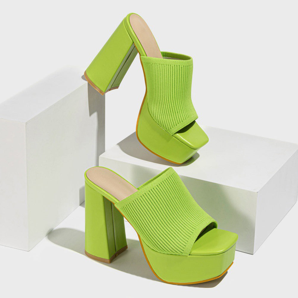 Knitted Solid Color Open Toe Slip On Platform Chunky Heels-Green