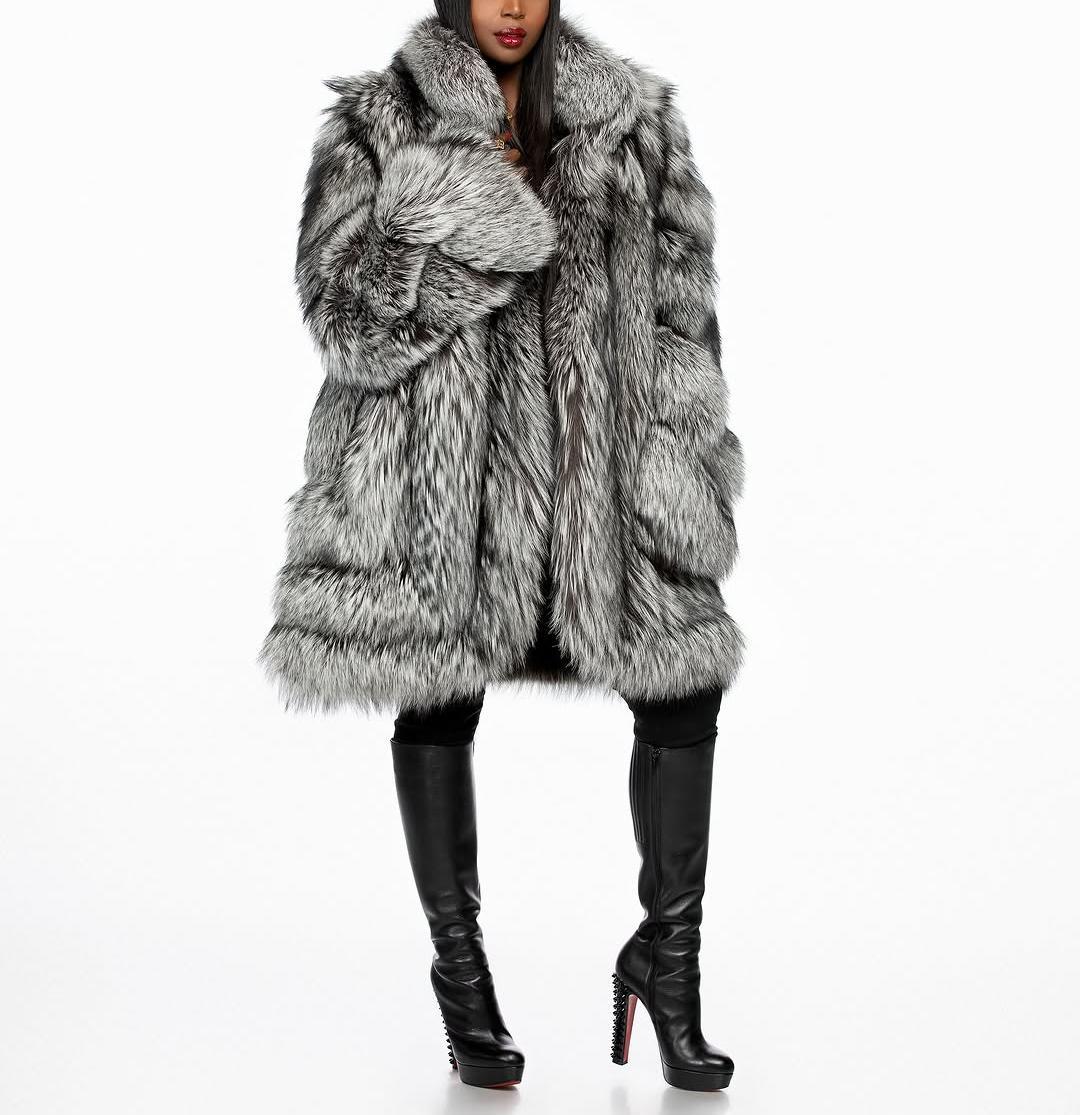 Women's mid-length eco-friendly fur coat