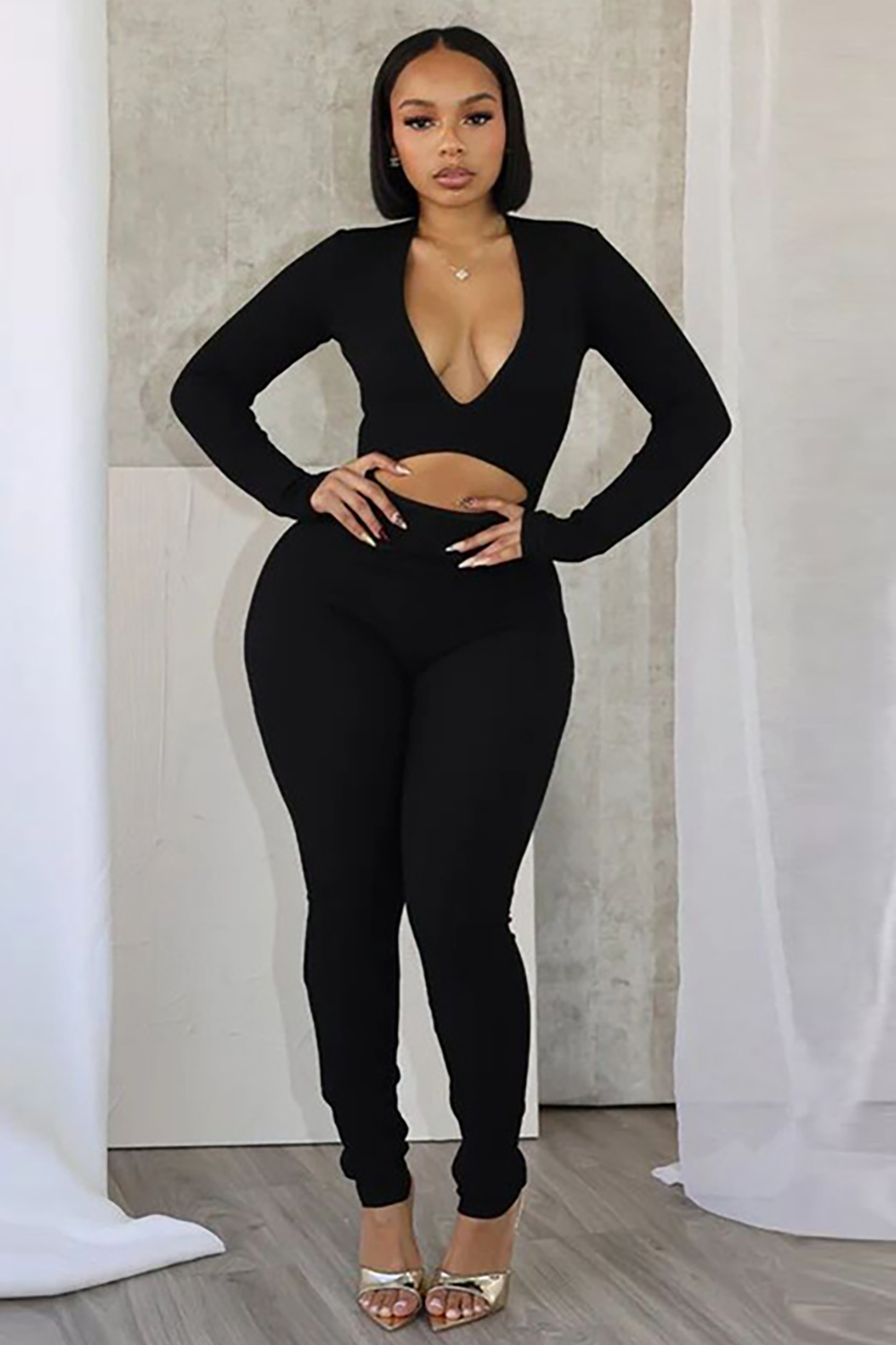 Solid Color Knit Deep V Neck Long Sleeve Cutout Slim Fit Jumpsuit-Grey