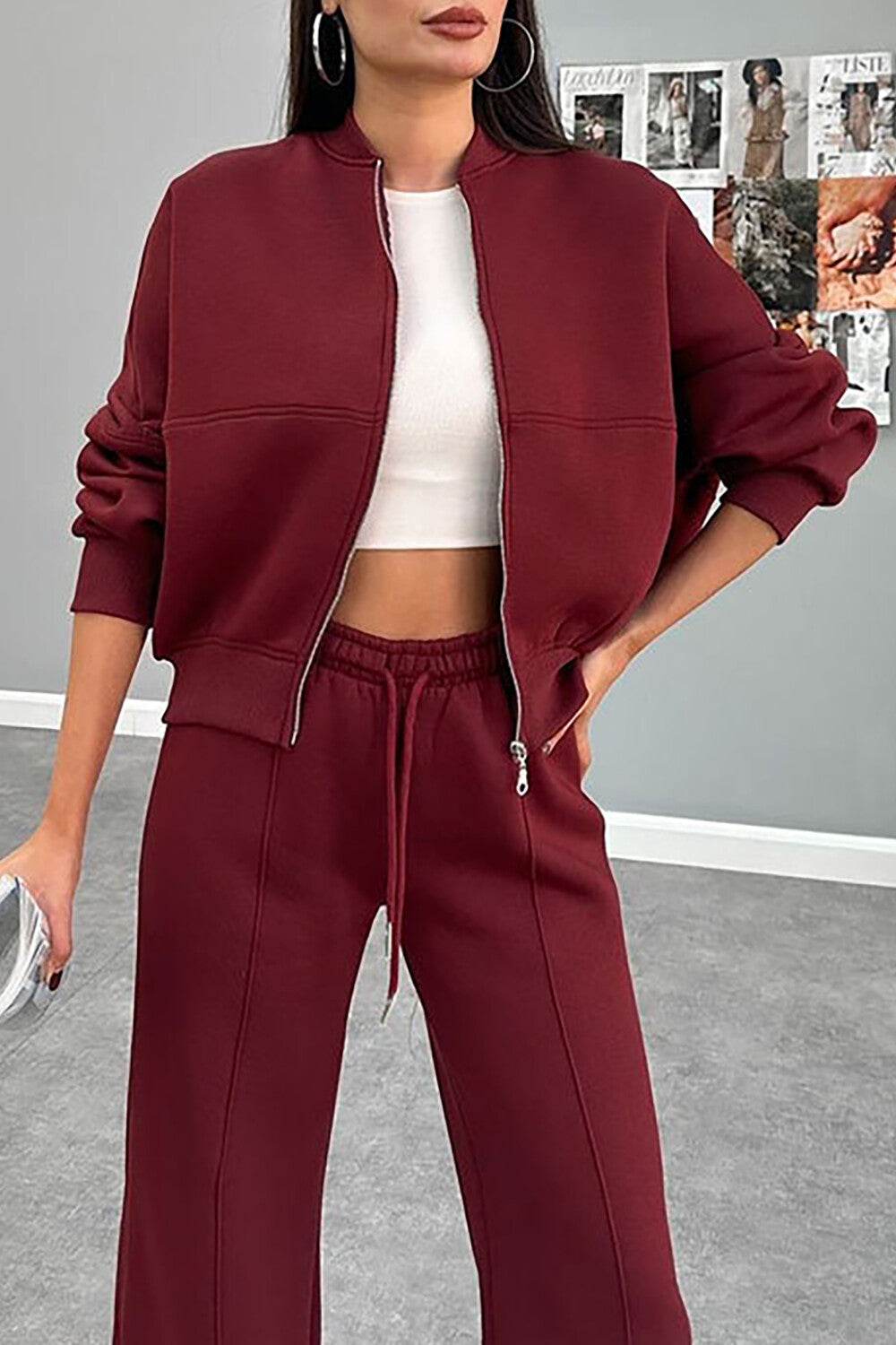 Solid Color Long Sleeve Zipper Track Jacket Casual Pants 2pcs Set-Brown