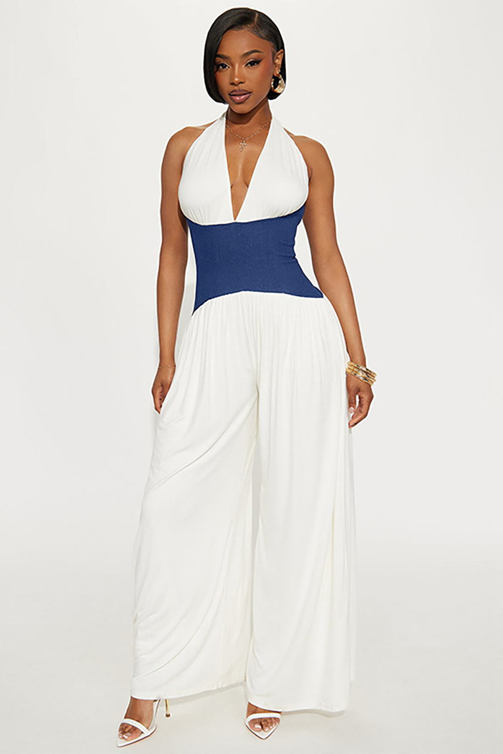 Colorblock Cinch Waist V Neck Halter Wide Leg Jumpsuit-White