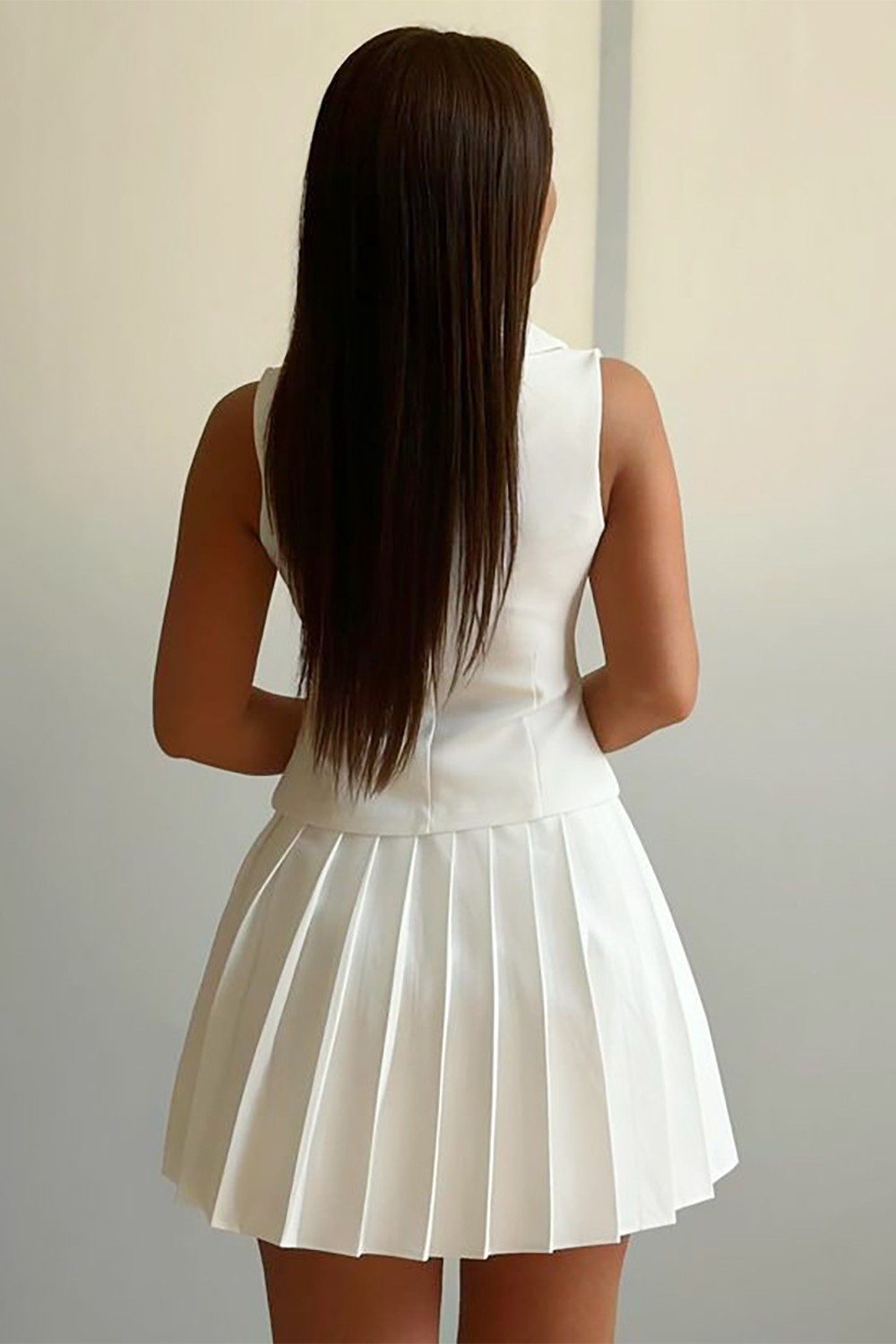 V Neck Button Up Vest Solid Color Pleated Mini Skirt 2pcs Set-White