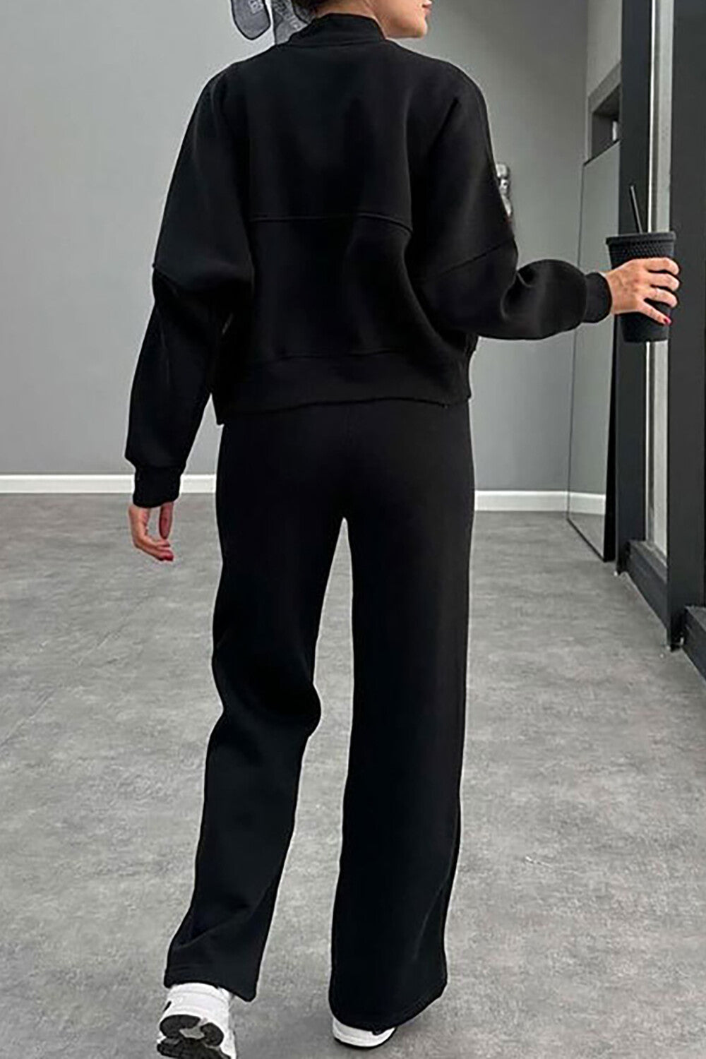 Solid Color Long Sleeve Zipper Track Jacket Casual Pants 2pcs Set-Brown