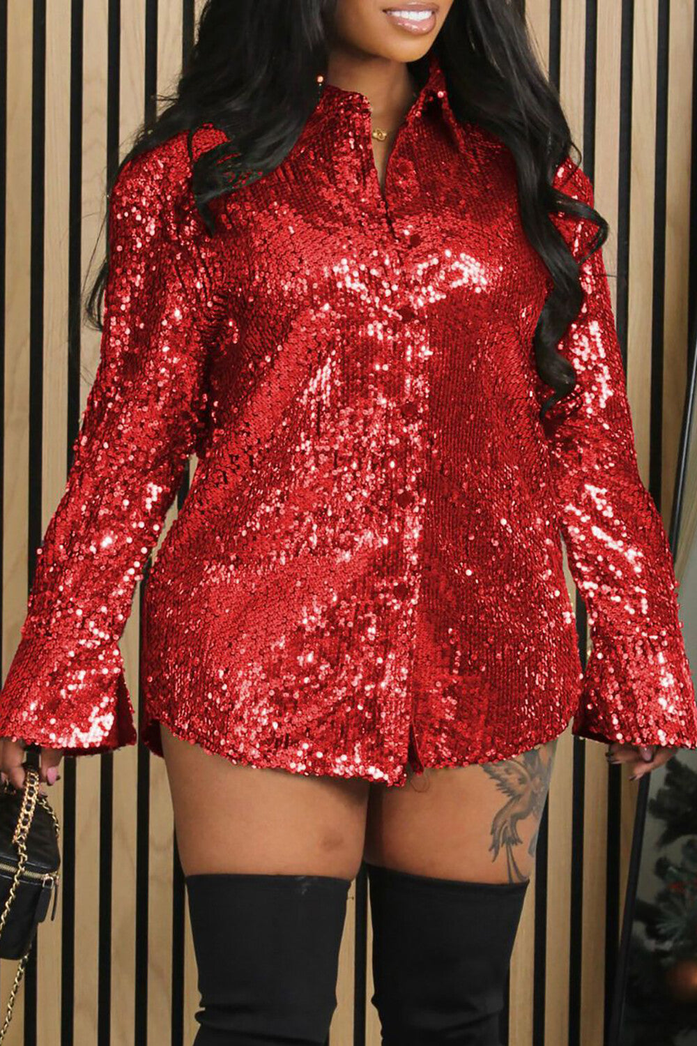 Sparkling Sequin Turndown Collar Long Sleeve Button Up Party Blouse-Red