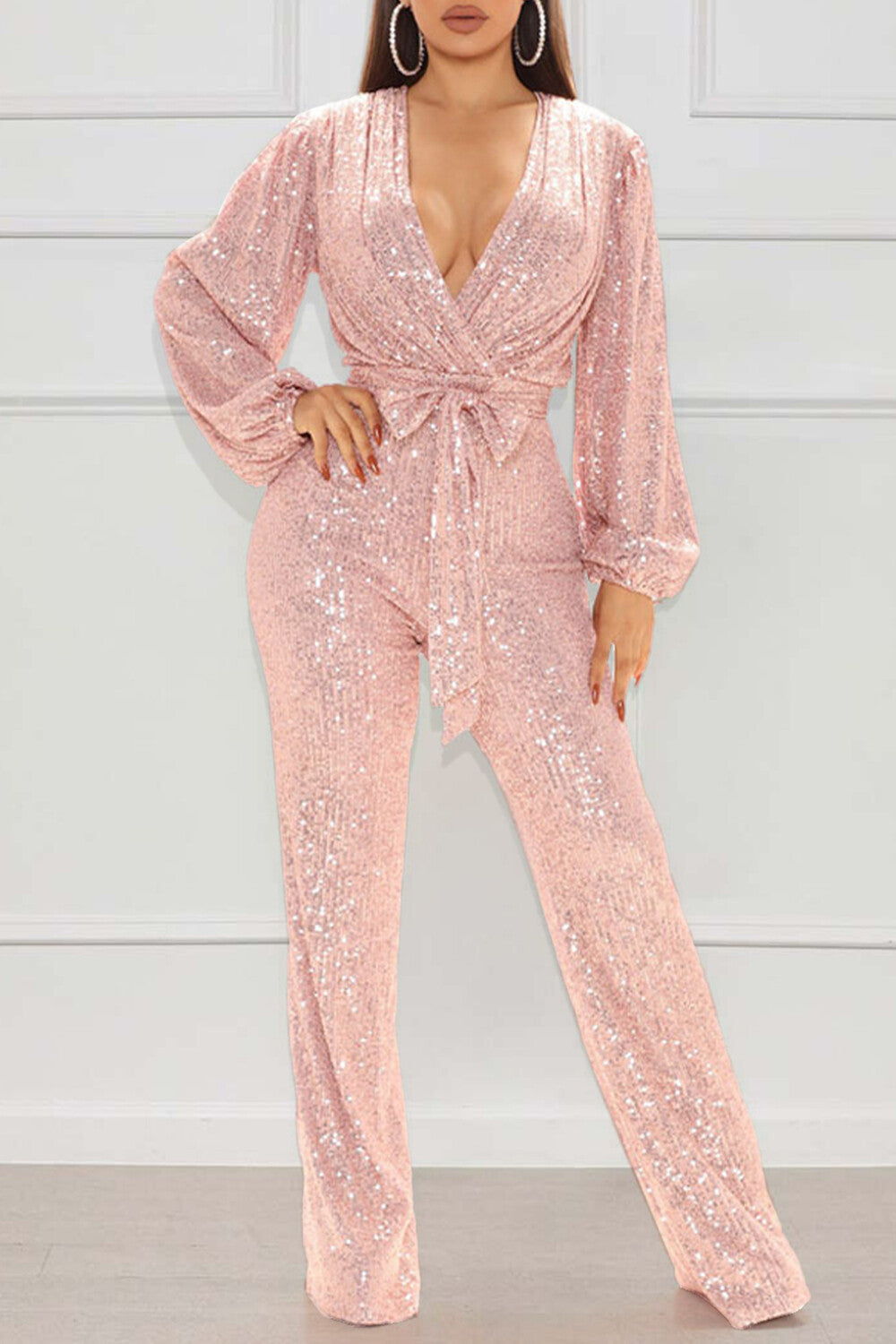 Deep V Neck Lantern Sleeve Sequin Tie Up Party Jumpsuit-Black