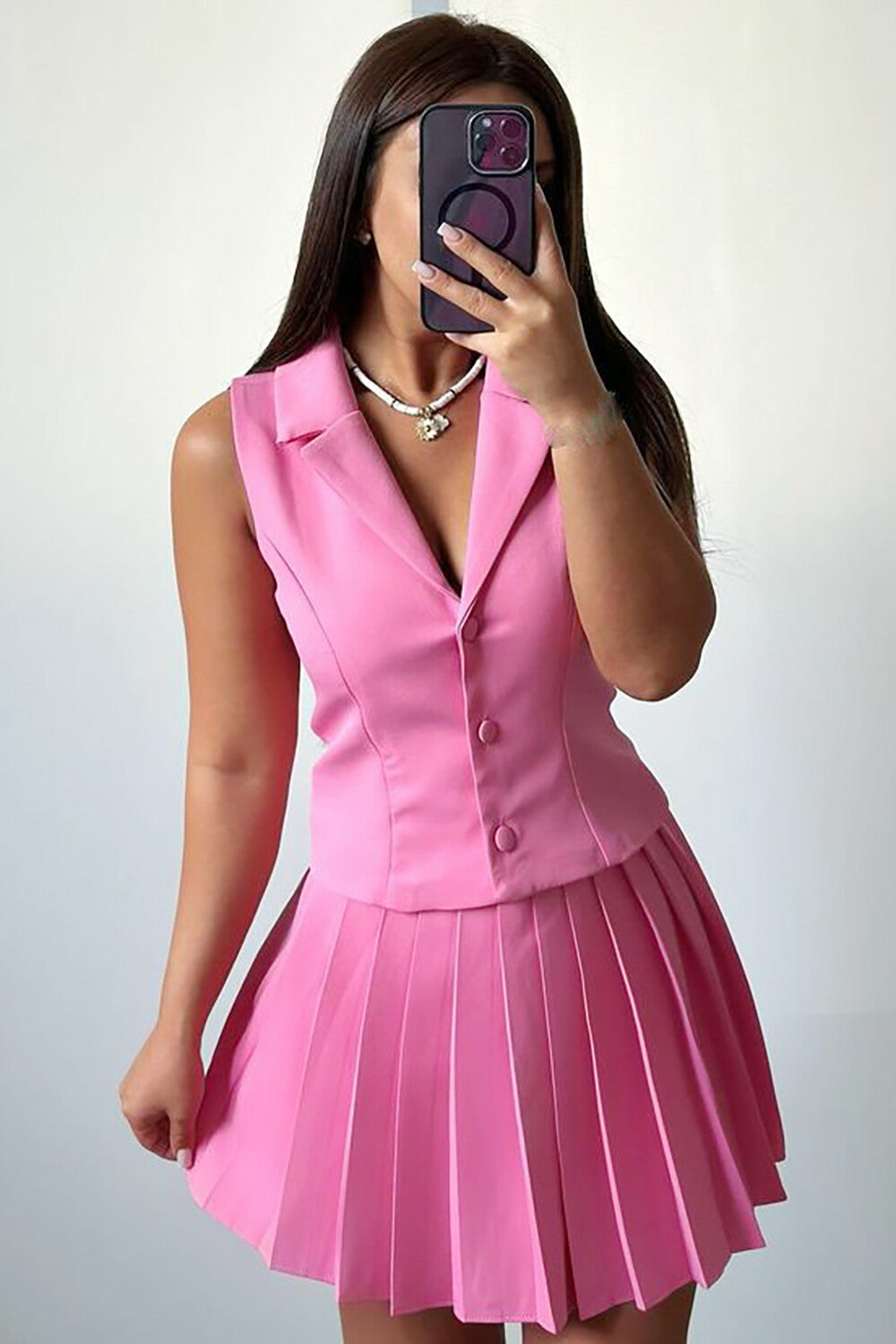 V Neck Button Up Vest Solid Color Pleated Mini Skirt 2pcs Set-White