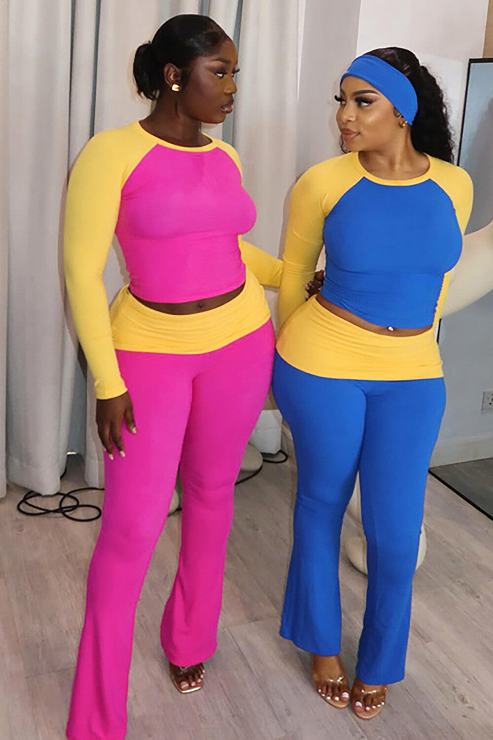 Colorblock Long Sleeve Round Neck Top Flared Pants Casual 2pcs Set-Fuchsia