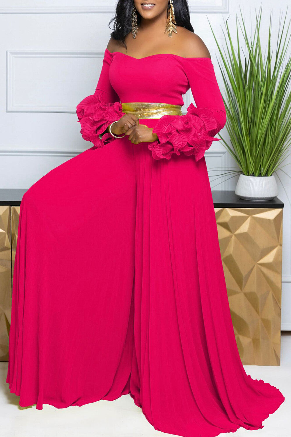 Off Shoulder Ruffled Long Sleeve Pleated Wide Leg Jumpsuit-Yellow