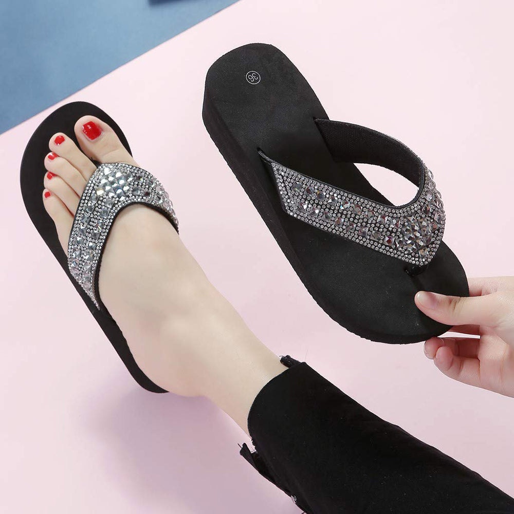 Rhinestone Decor Round Toe Flip Flops Wedge Slippers-Black