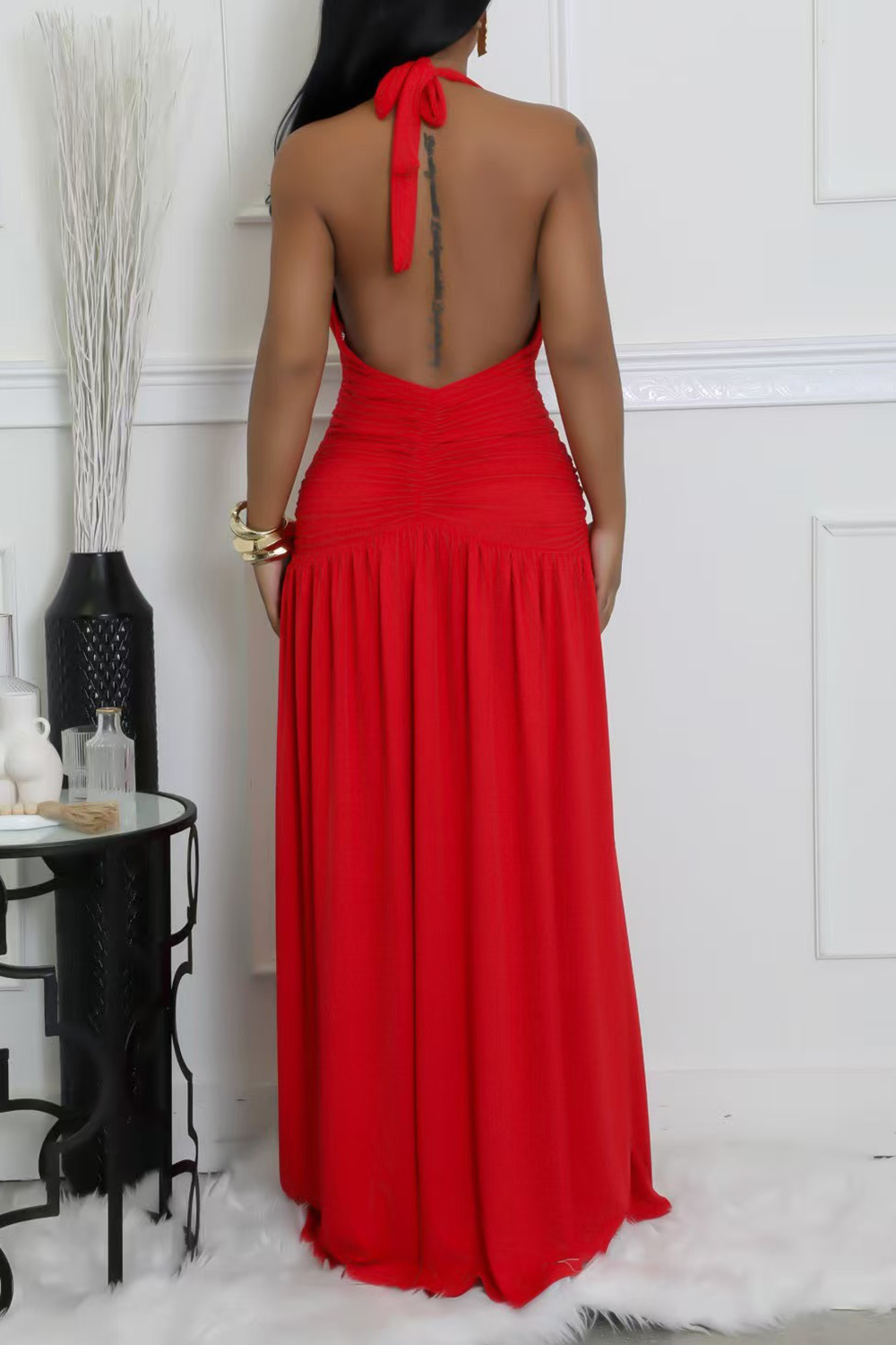 Deep V Neck Ruched Cinch Waist High Slit Halter Maxi Dresses-White