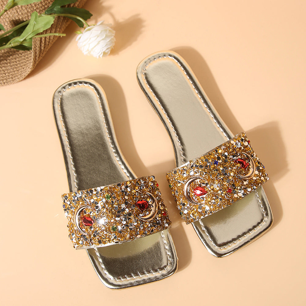 Metallic Sheen Rhinestone Decor Square Toe Beach Slippers-Gold