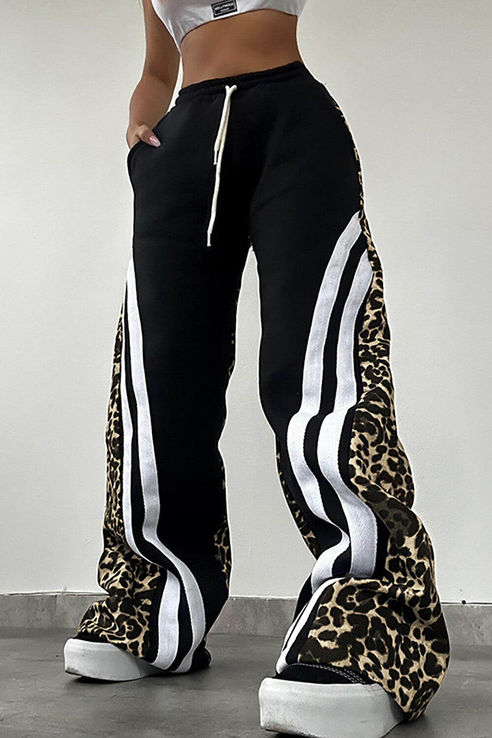 Leopard Print Striped Wide Leg Casual Pants-Beige