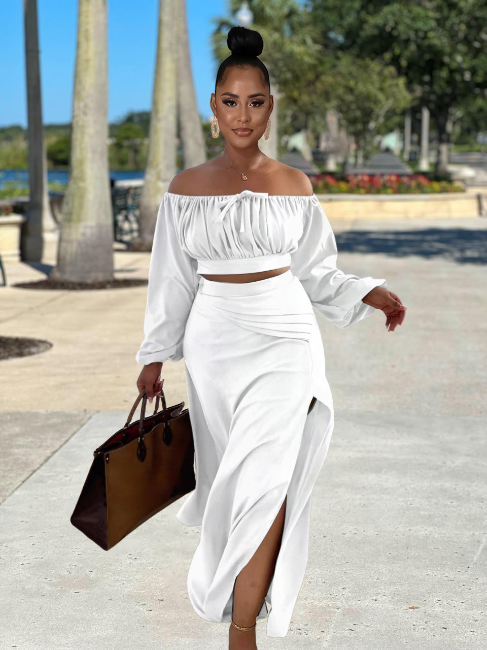Off Shoulder Long Sleeve Ruched Crop Top High Slit Maxi Skirt Matching Set