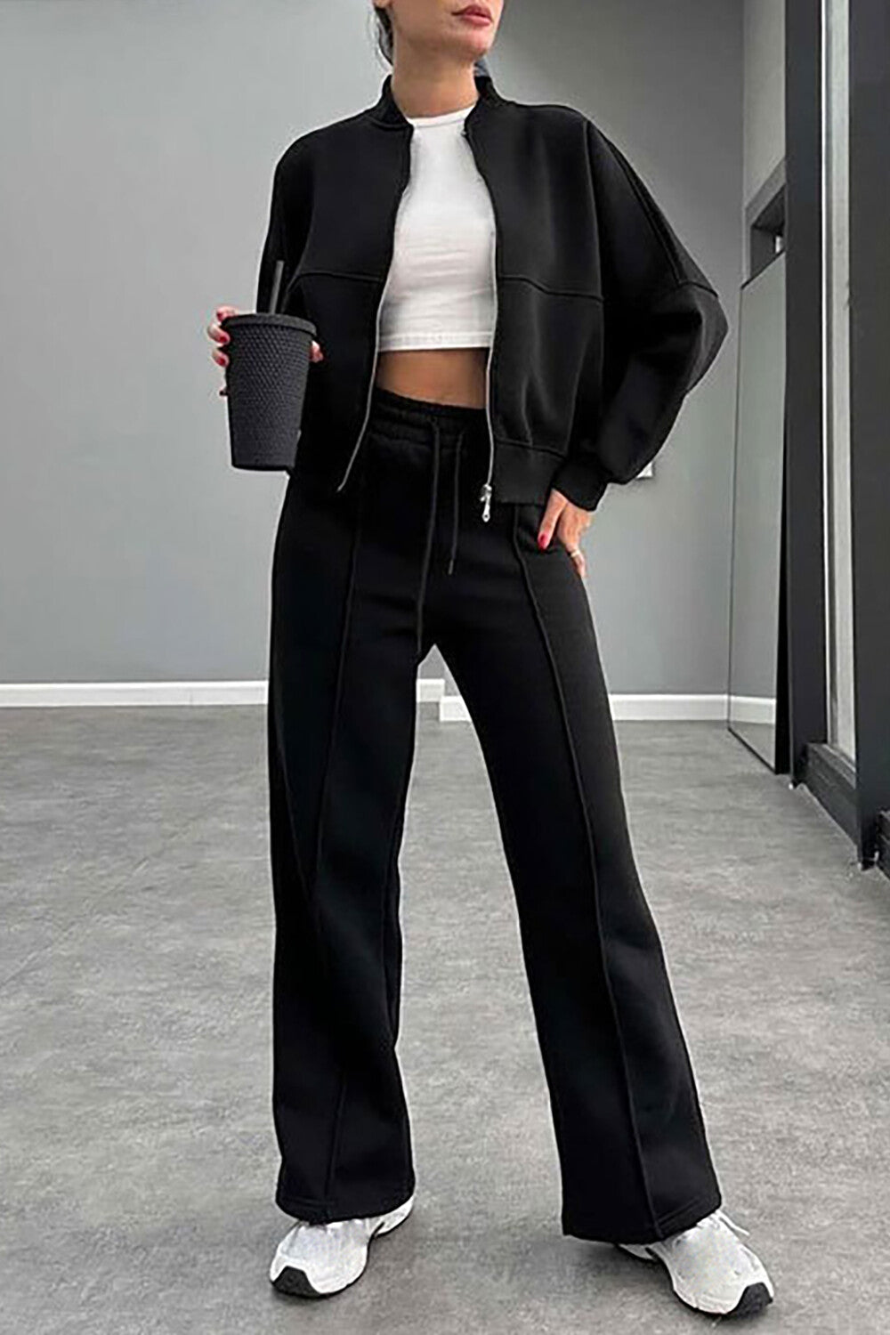 Solid Color Long Sleeve Zipper Track Jacket Casual Pants 2pcs Set-Brown