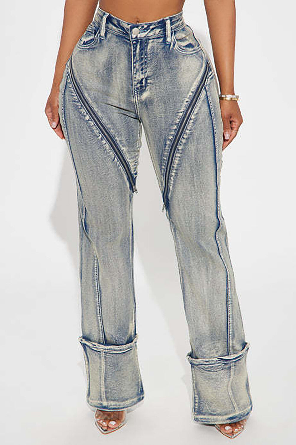 Denim High Waist Zippers Patchwork Straight Leg Casual Jeans-Blue