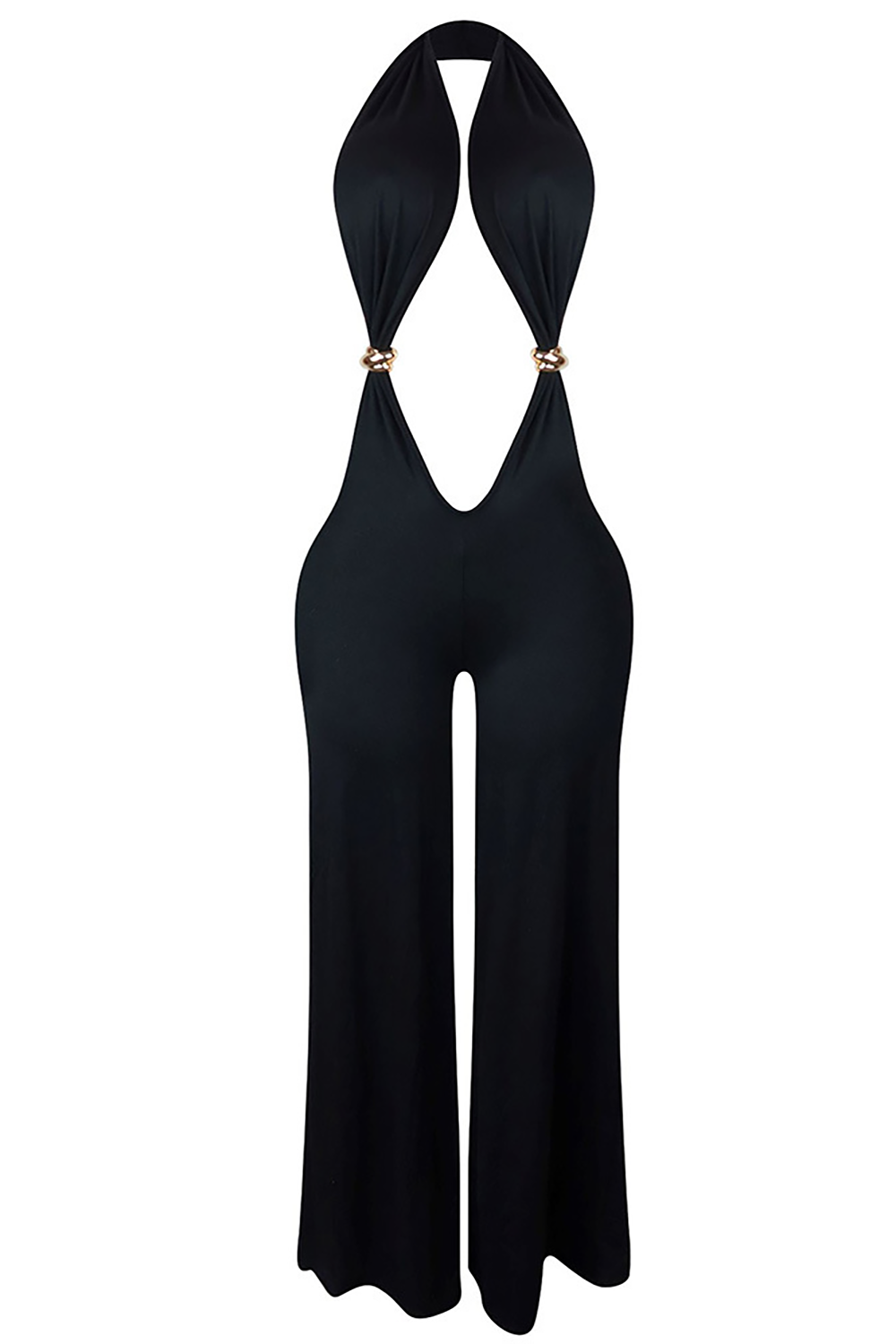 Halter Plunge Neck Wide Leg Solid Color Jumpsuit-Black
