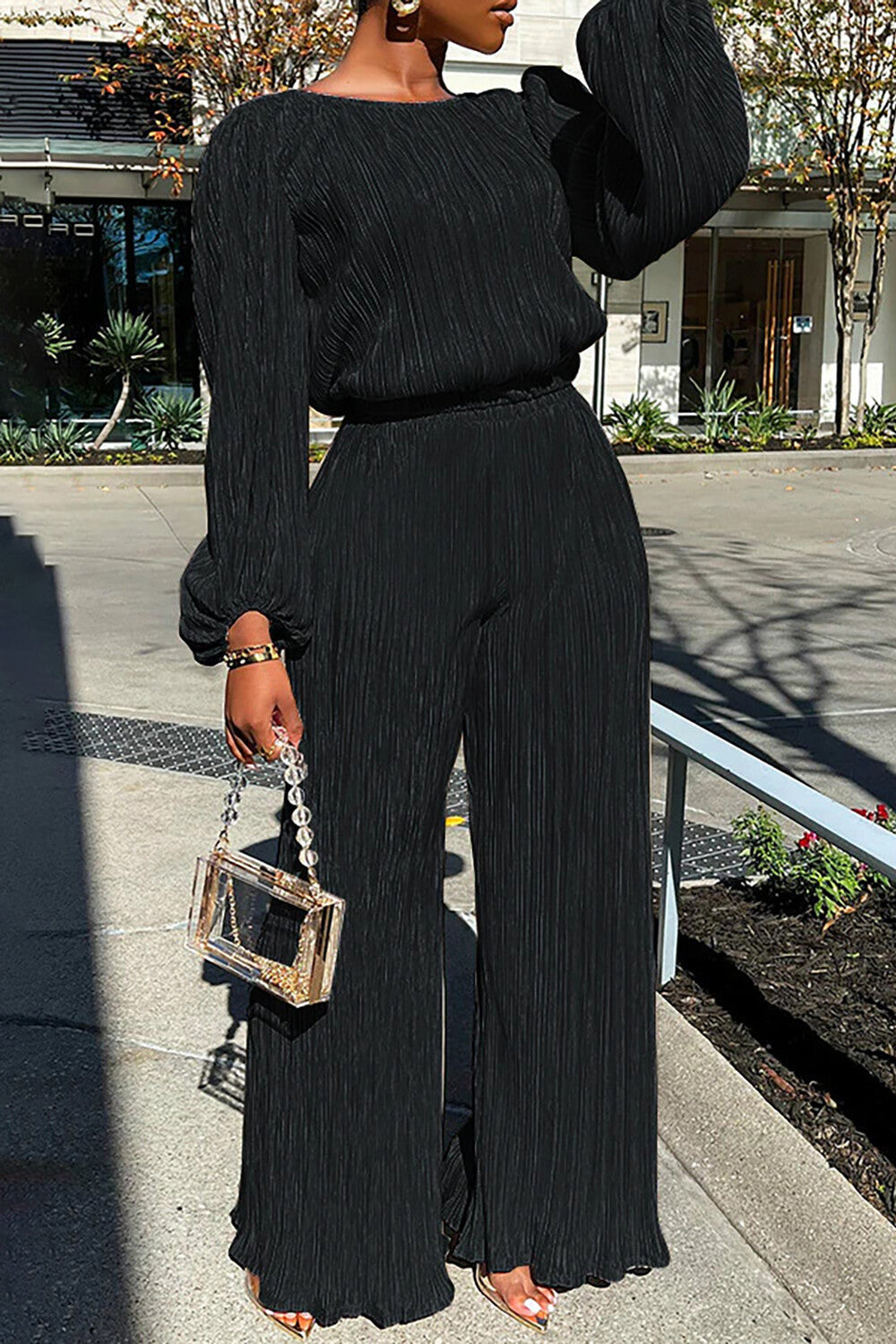 Pleated Solid Color Lantern Sleeve Top Wide Leg Pants Matching Set-Beige