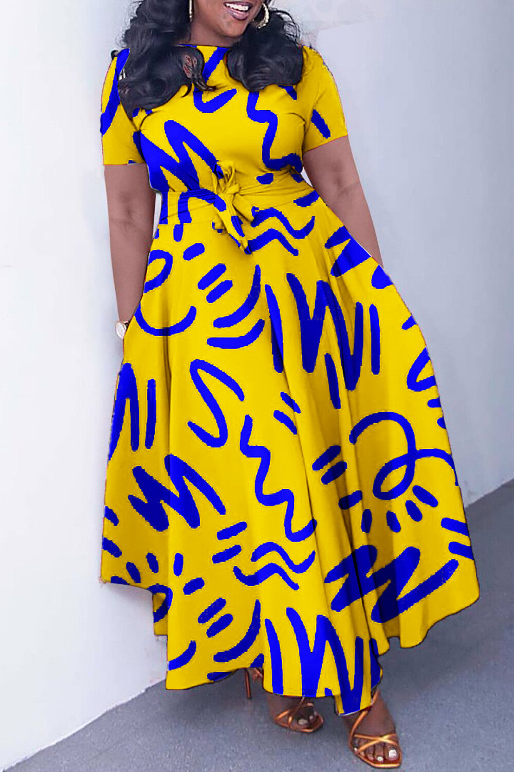 Doodle Print Short Sleeve Tie Up A-Line Maxi Dresses-Green