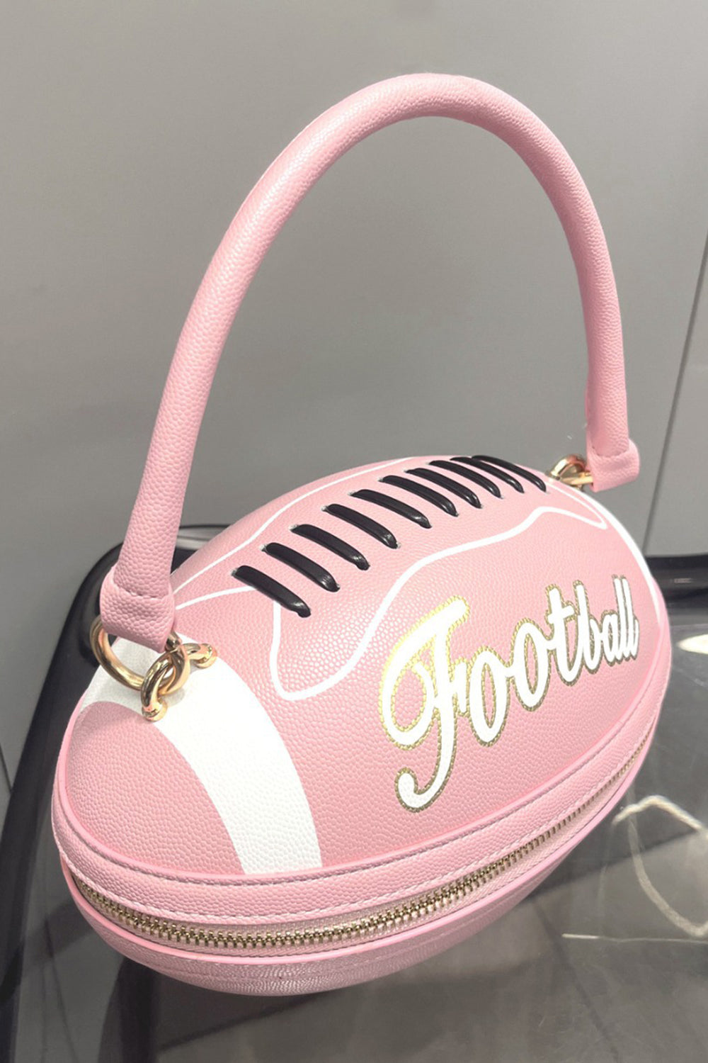 Letter Colorblock Print Zipper American Football Shaped Handbag
