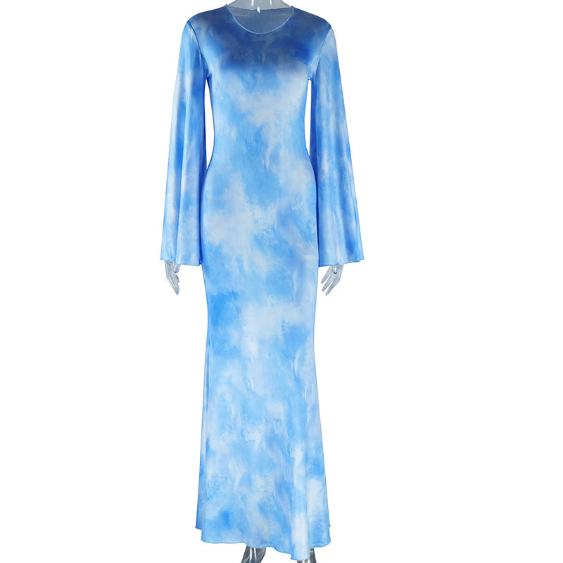 round Neck Dress Printed Bell Sleeve Slim Fit Pullover Street Mid-Rise Fishtail Dress