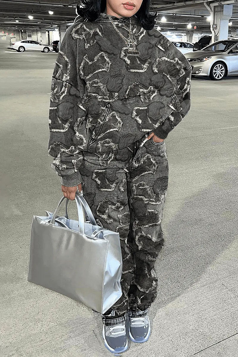 Letter Cross Pattern Pocket Hoodie Straight Leg Pants Matching Set-Grey