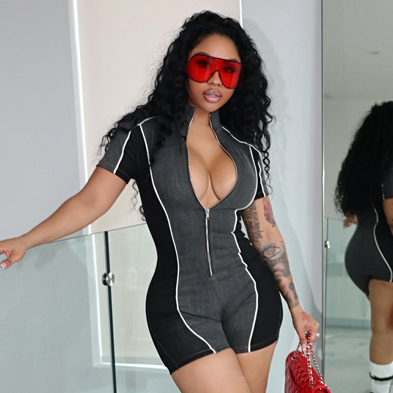 Sexy Zipper Contrast Color Zipper Elastic Sports Casual Jumpsuit