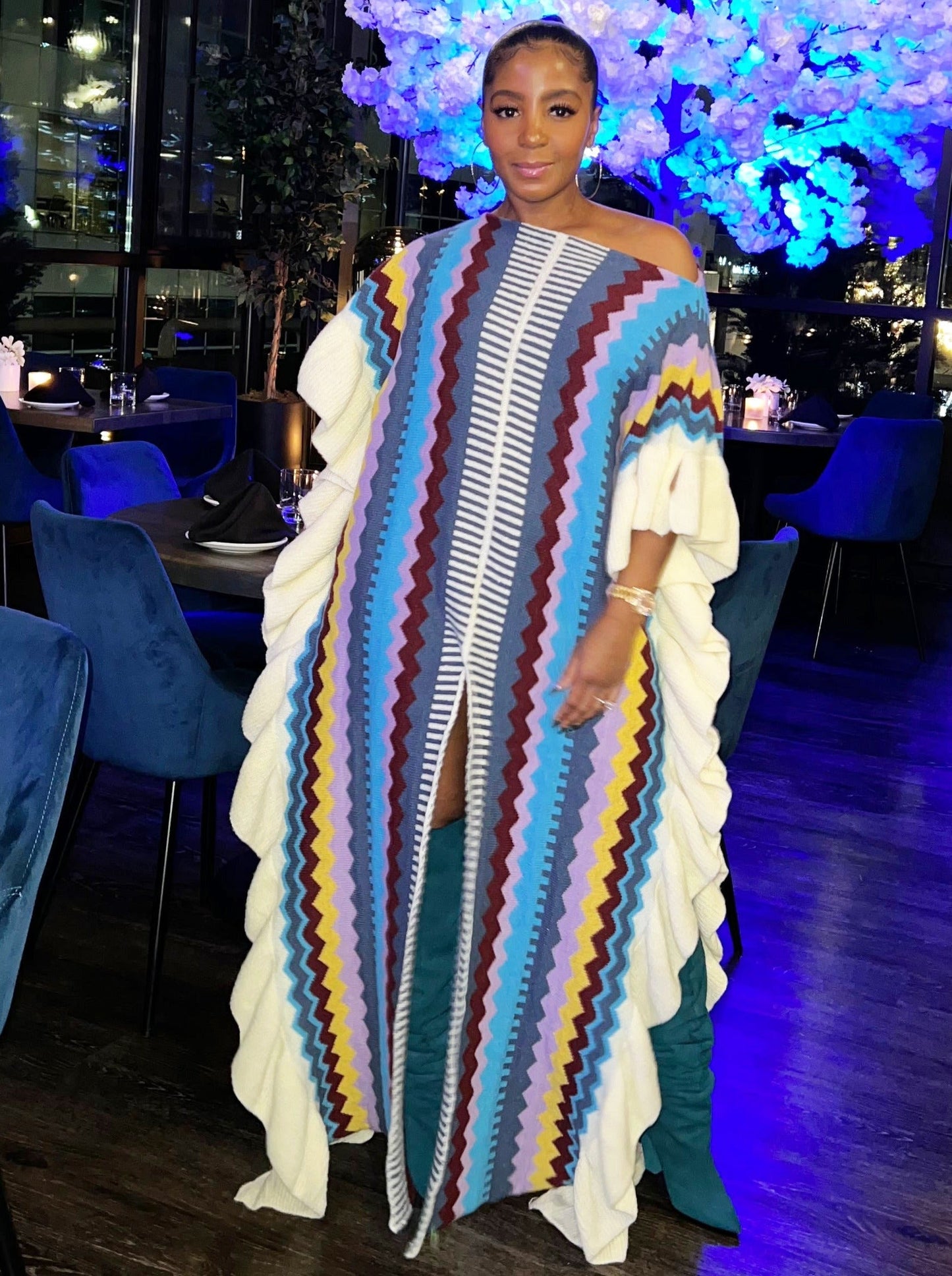 Tribal Pattern Ruffle Slit Casual Maxi Dresses