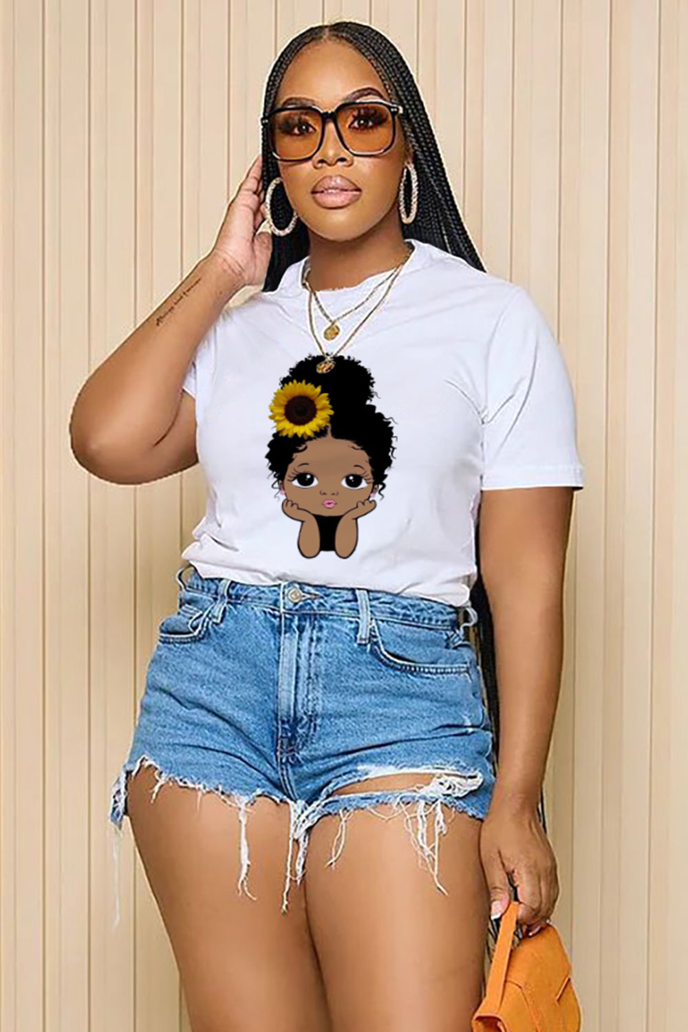 LORAGAL Sunflower Black Girl Print Short Sleeve Casual T-Shirt-White