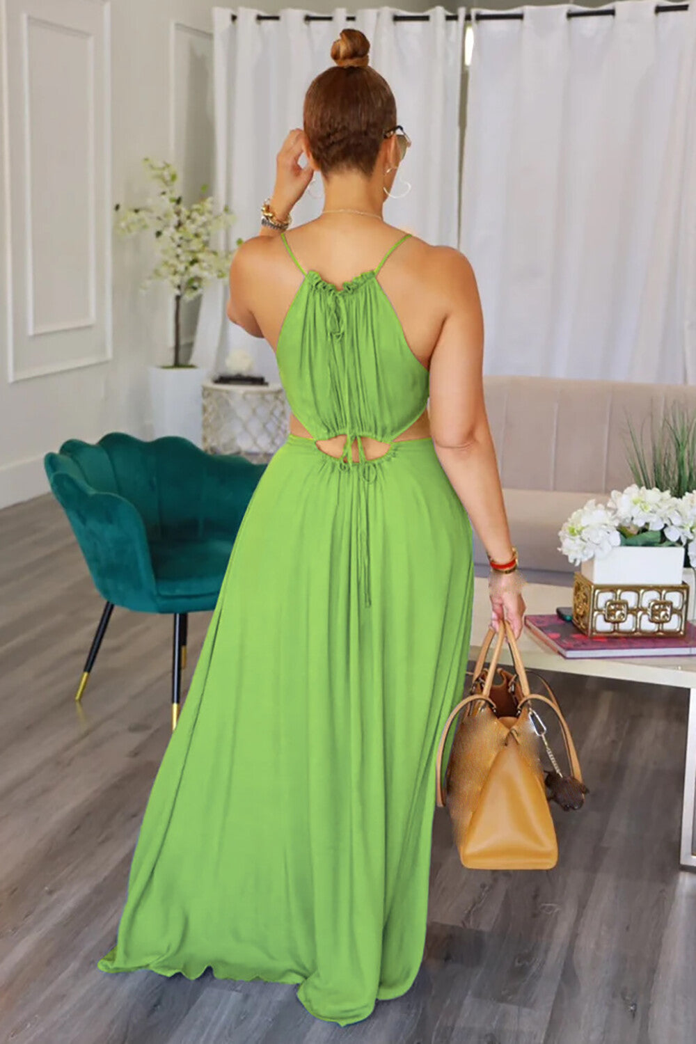Sleeveless Cutout Solid Color Vacation Slip Maxi Dresses-Green