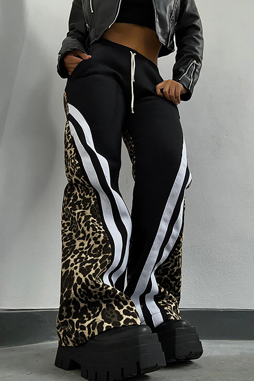 Leopard Print Striped Wide Leg Casual Pants-Beige