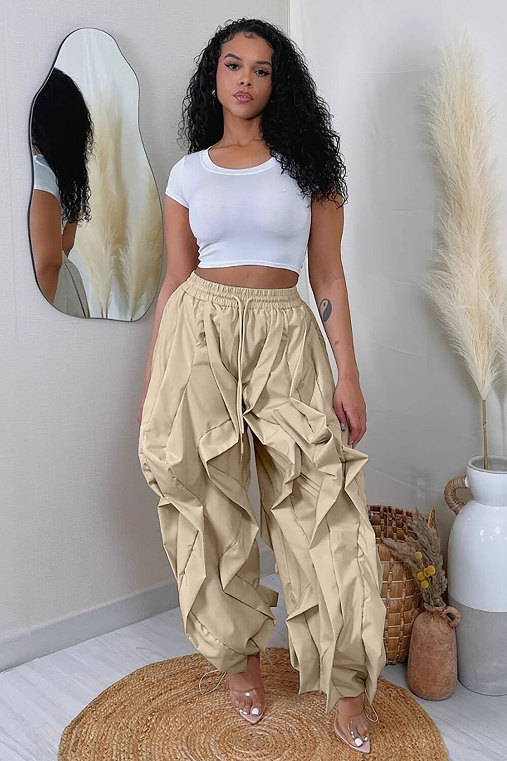 Ruffled Trim Solid Color High Waist Loose Fit Jogger Pants-Khaki