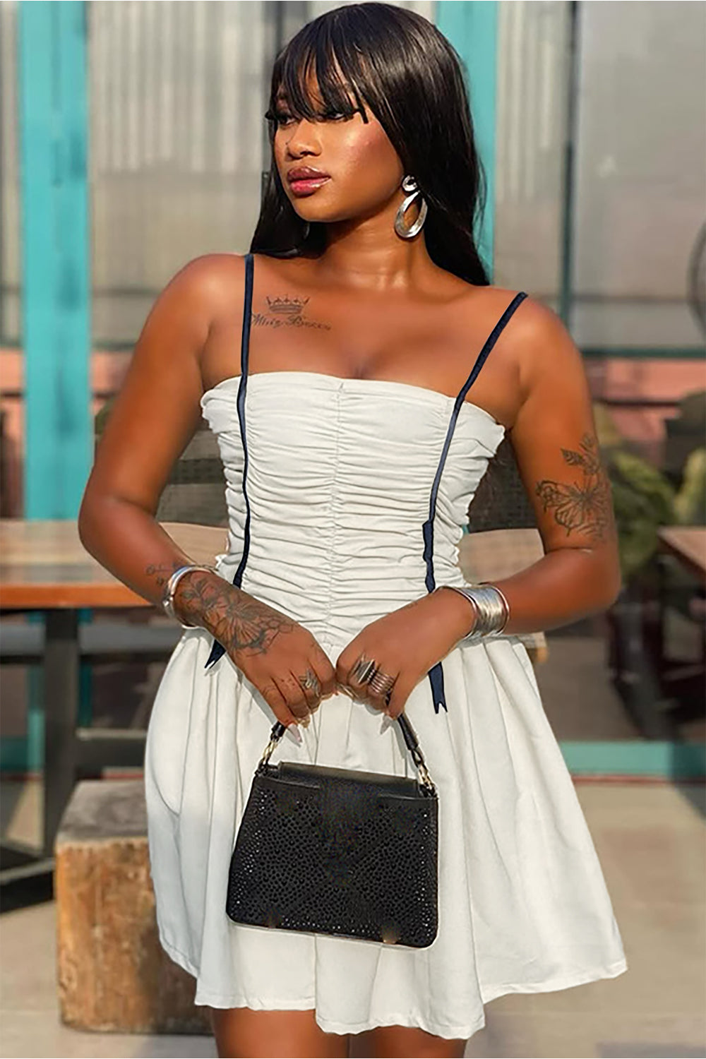 Ruched Cinch Waist Bow Decor Strappy Mini Dresses-OffWhite