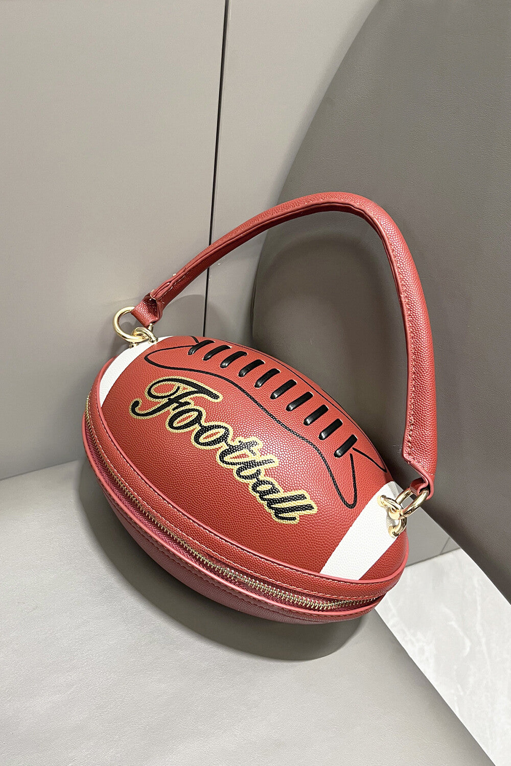 Letter Colorblock Print Zipper American Football Shaped Handbag