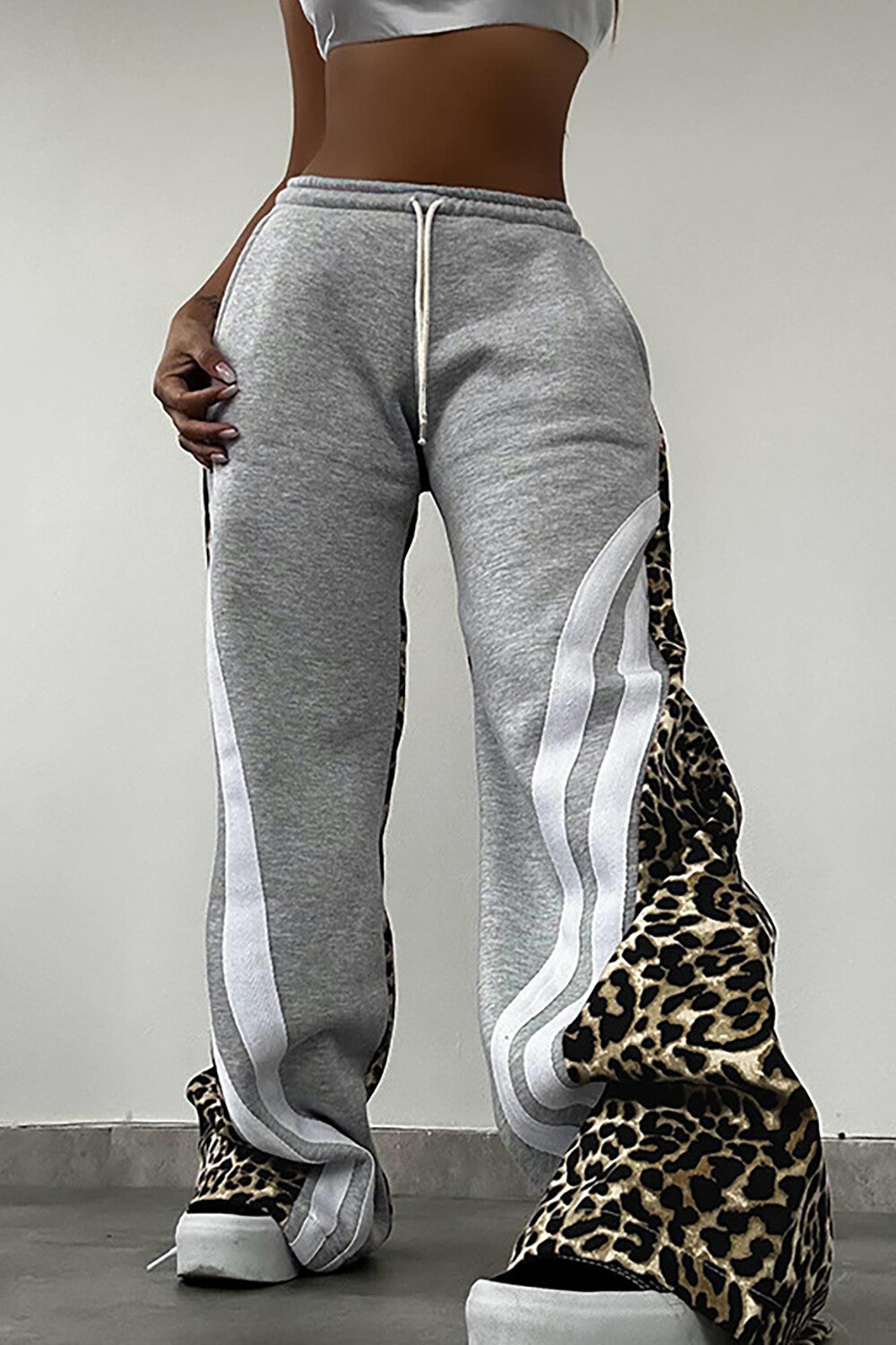 Leopard Print Striped Wide Leg Casual Pants-Beige