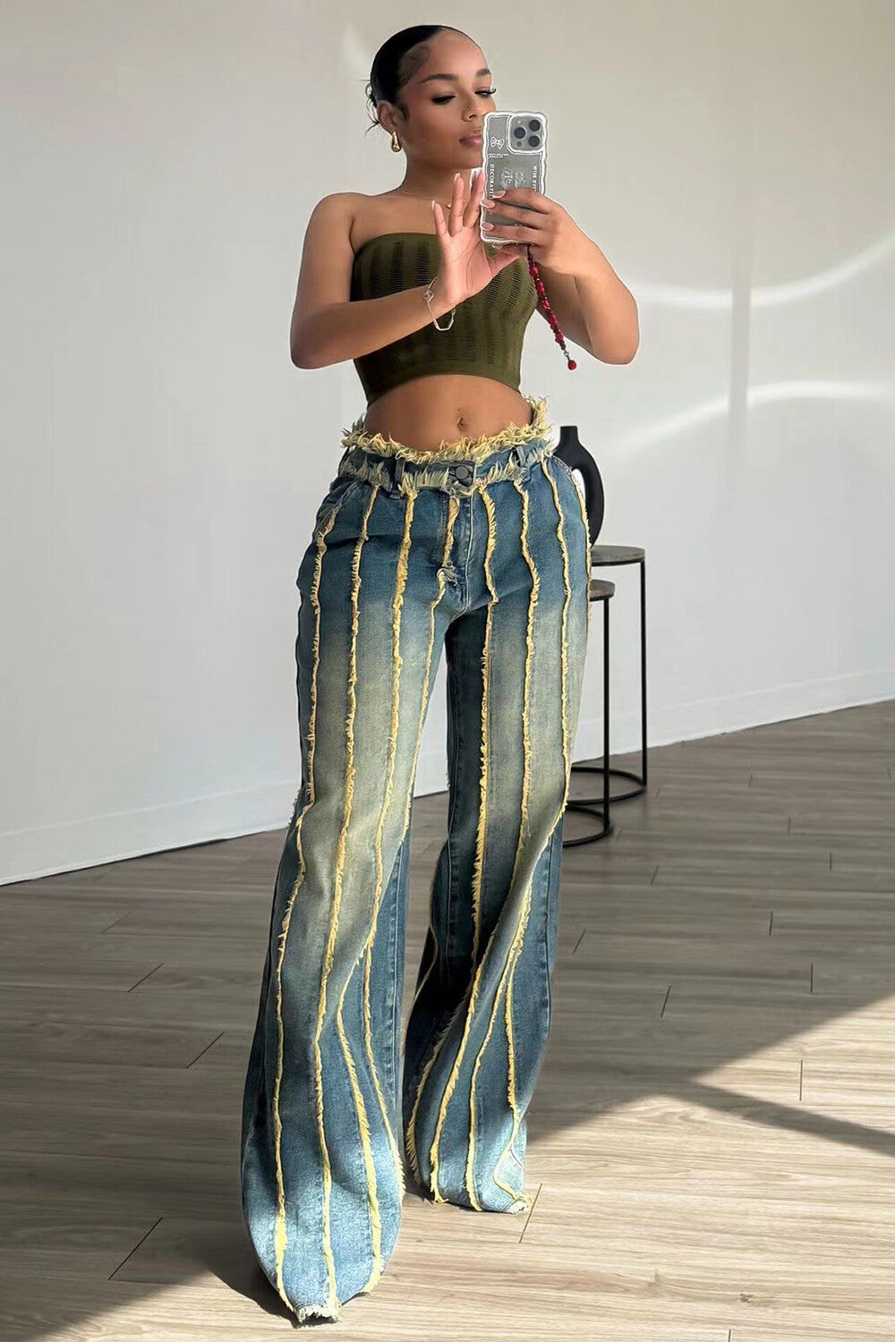 Raw Edge Distressed Denim High Waist Wide Leg Jeans-Blue