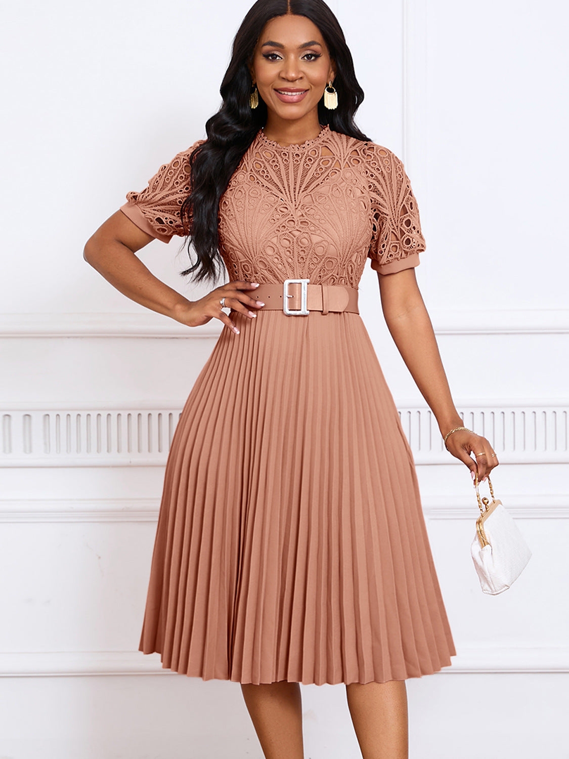 Women's Short-Sleeved Lace Stitching Pleated Dress Cross-Border Dress