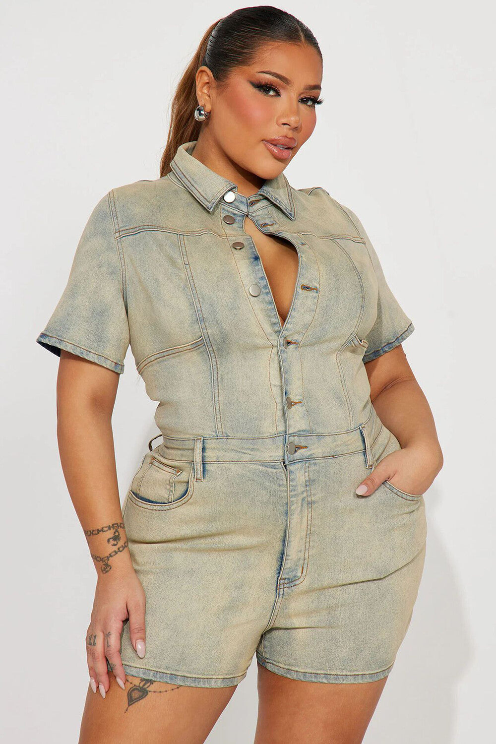 Distressed Denim Turndown Collar Short Sleeve Button Up Playsuit Romper-Blue