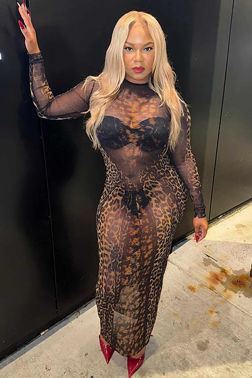 Leopard Print Round Neck Long Sleeve See Through Midi Dresses-Black