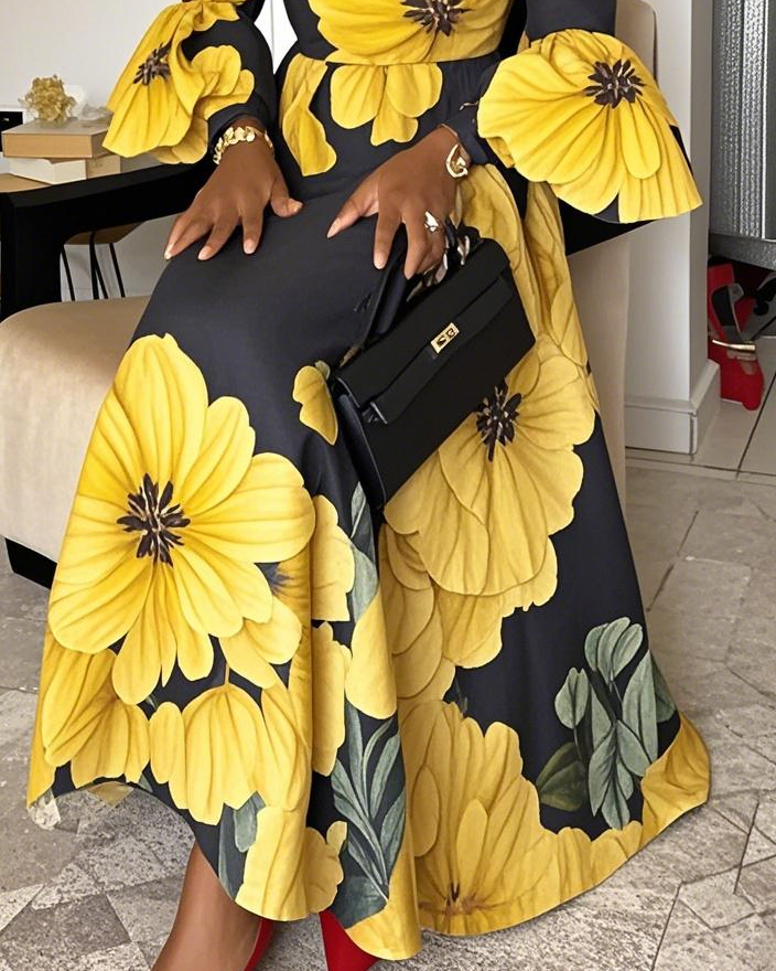 Women Fashion Elegant Formal Round Neck 3/4 Sleeves Floral Pattern Maxi Dress