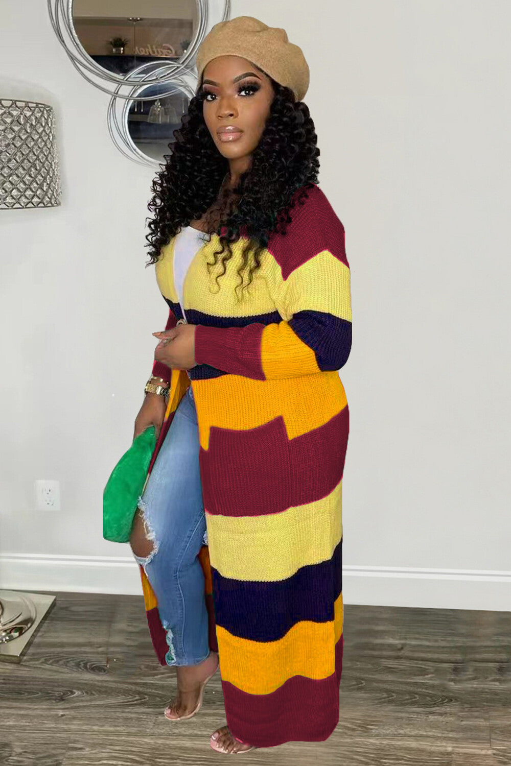 Colorblock Knit Long Sleeve Sweater Long Cardigan-Green