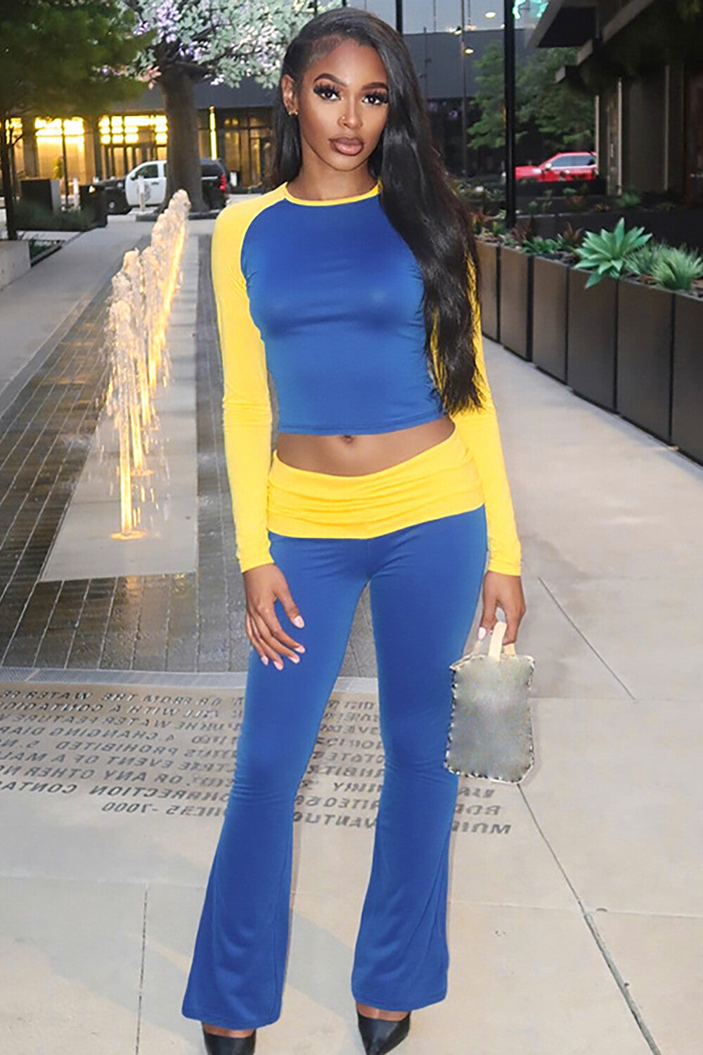 Colorblock Long Sleeve Round Neck Top Flared Pants Casual 2pcs Set-Fuchsia