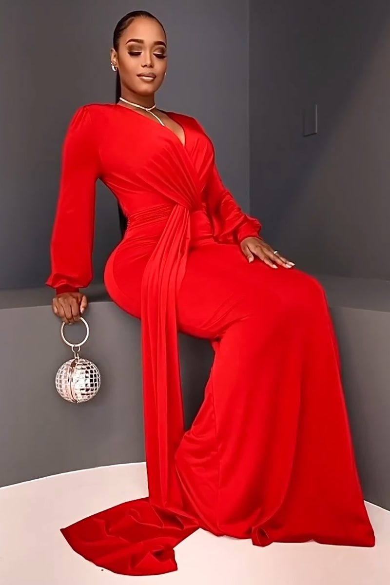 V Neck Lantern Sleeve Twisted Bodycon Gowns Maxi Dresses-Red