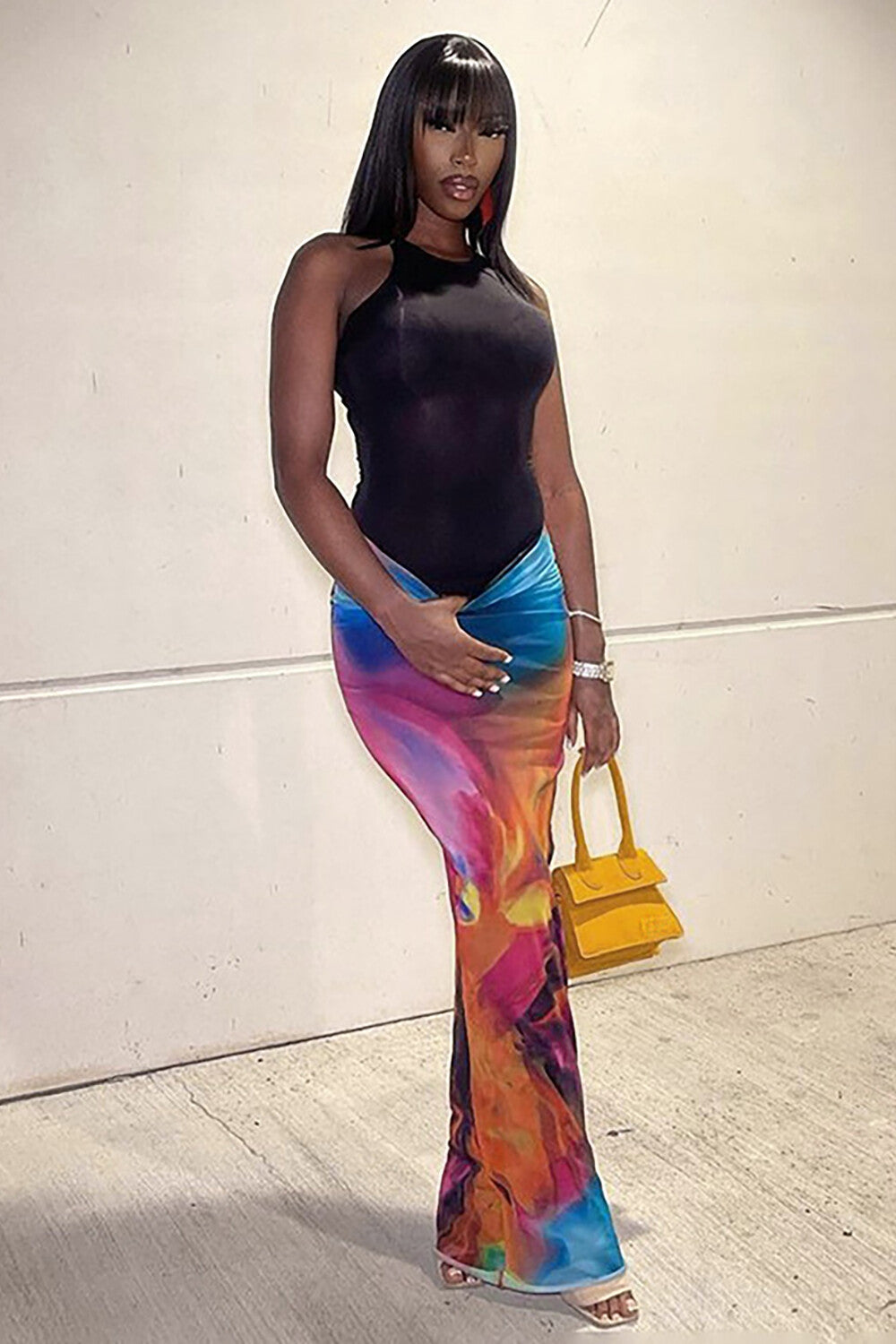 Colored Drawing Print Bodycon Casual Maxi Skirt-Blue