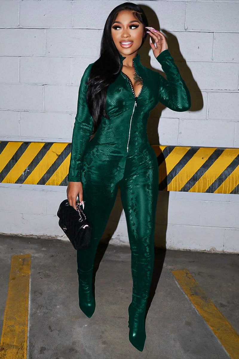 Snake Pattern Long Sleeve Zipper Slim Fit Jumpsuit-Black