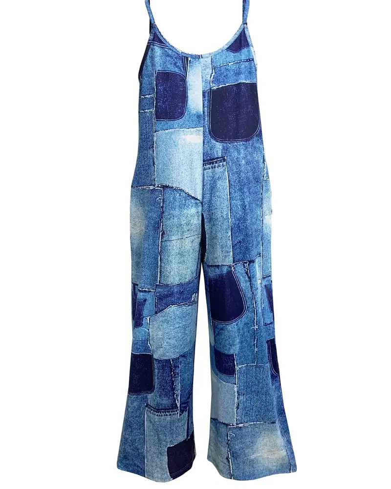 Women's Casual Crew Neck Denim Color Block Stitching Jumpsuit
