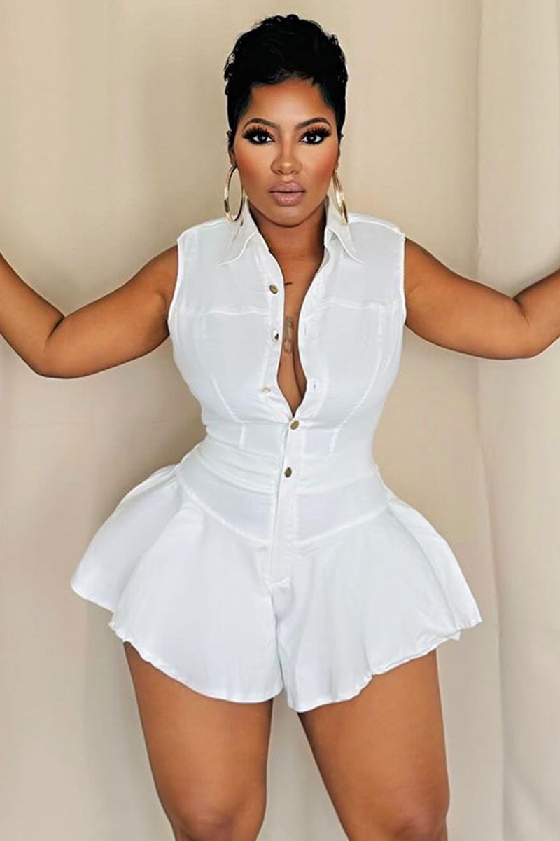 Tiktok Button Up Cinch Waist Sleeveless Daily Romper Playsuit-White