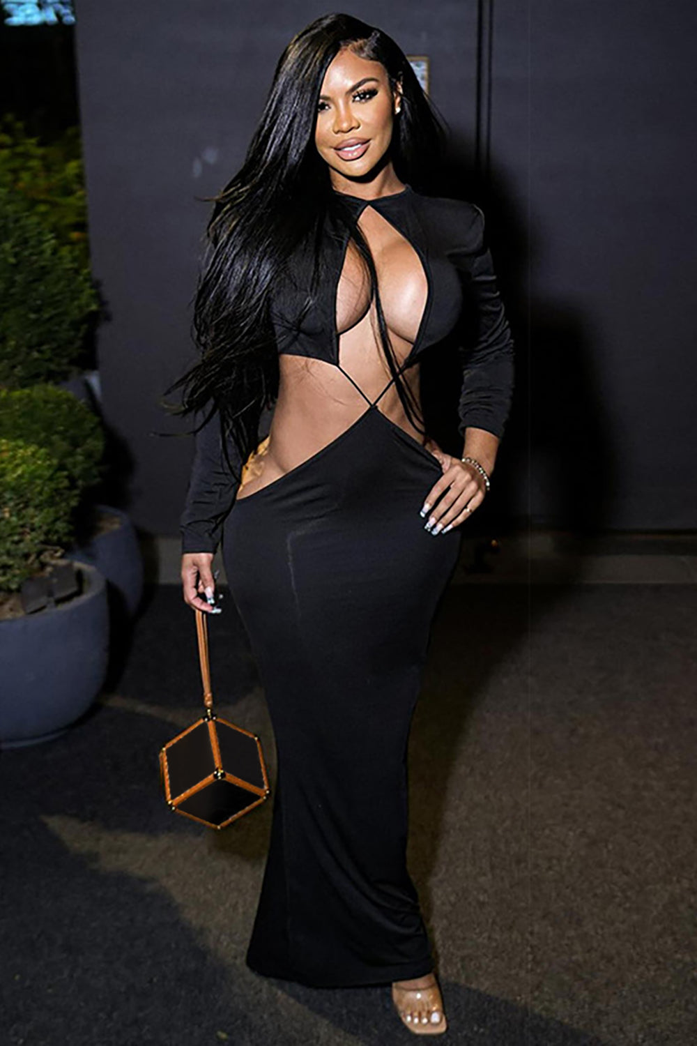 Cutout Round Neck Long Sleeve Bodycon Party Maxi Dresses-Black